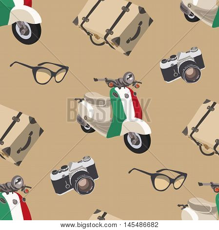 Retro travel. Seamless pattern with camera, sunglasses, suitcase scooter