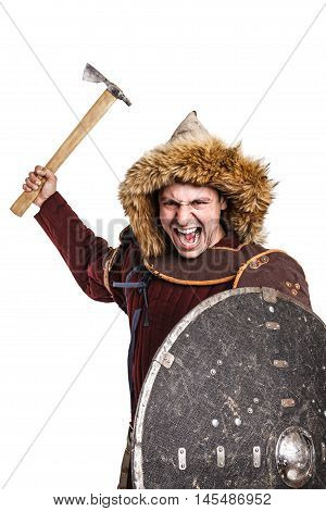 Mongol horde warrior in armour holding traditional axe