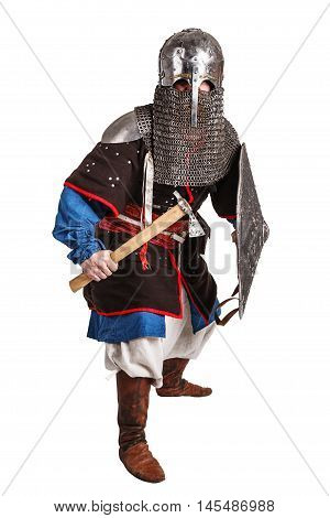 Mongol horde warrior in armour holding traditional axe