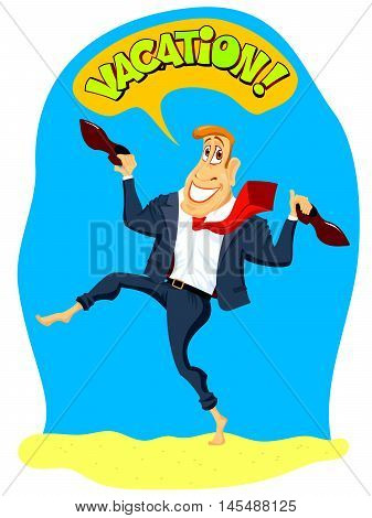 Happy man running barefoot on the beach. Vector illustration