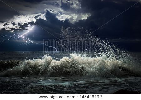 dark ocean storm with lgihting and waves at night