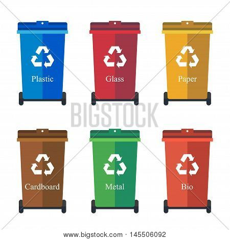 Different Colored wheelie bins, trash bins, sorting garbage vector flat illustration
