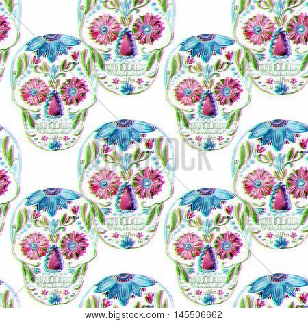 Mexican sugar skull ornate with flowers seamless pattern. Day of the dead holiday background with watercolor paper texture. Hand painted illustration with double color exposure glitch effect