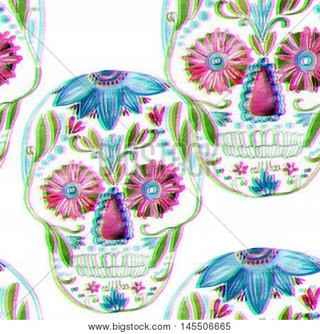 Mexican sugar skull ornate with flowers seamless pattern. Day of the dead holiday background with watercolor paper texture. Hand painted illustration with double color exposure glitch effect