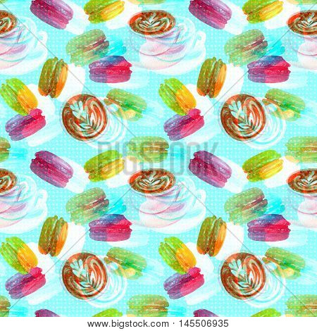 French breakfast seamless pattern. Morning cup of coffee and macaroons on retro styled background. Hand painted watercolor illustration with double color exposure glitch effect