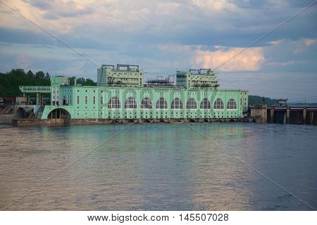 VOLKHOV, RUSSIA - JUNE 03, 2016: The building of the Volkhov hydroelectric power plant, closeup June evening. Leningrad region