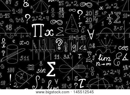 Vector mathematical seamless texture with various mathematical signs, figures and handwritten numbers