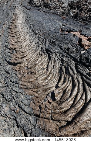 Beautiful volcanic landscape of Kamchatka Peninsula: view of lava field volcanic eruption active Plosky Tolbachik Volcano. Eurasia Russia Far East Kamchatka Region Klyuchevskaya Group of Volcanoes.