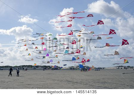 LAKOLK DENMARK - SEPTEMBER 3 2016: Colorful kites on the big beach on Lakolk Romo. International Kite Festival for the 27th time. September 3 2016.