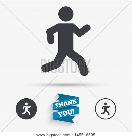 Running sign icon. Human sport symbol. Flat icons. Buttons with icons. Thank you ribbon. Vector
