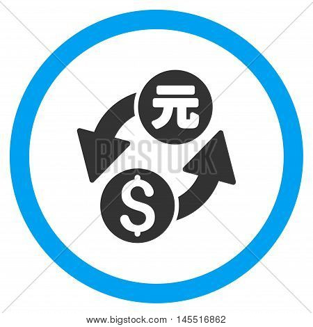 Dollar Yuan Exchange vector bicolor rounded icon. Image style is a flat icon symbol inside a circle, blue and gray colors, white background.
