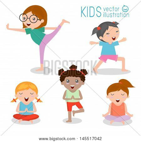kids Practicing Yoga , happy cartoon kids Practicing Yoga , Yoga set. Yoga exercises. Healthy lifestyle on white background , Vector illustration