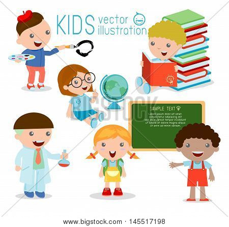 Back to school. happy cartoon kids in classroom, biology, botany, chemistry, drawing. Wrote in chalk on blackboard, happy kids , child,Vector Illustration