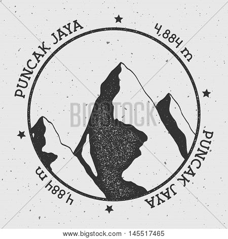 Puncak Jaya In Sudirman Range, Indonesia Outdoor Adventure Logo. Round Stamp Vector Insignia. Climbi