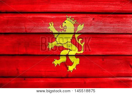 Flag Of Saragossa (zaragoza), Spain, Painted On Old Wood Plank Background
