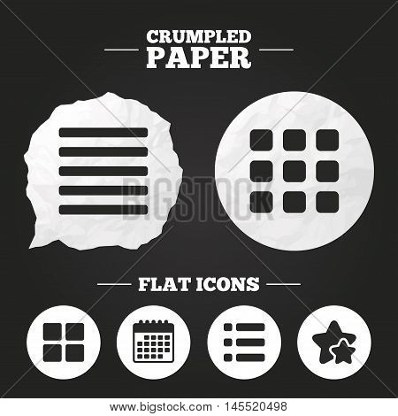 Crumpled paper speech bubble. List menu icons. Content view options symbols. Thumbnails grid or Gallery view. Paper button. Vector