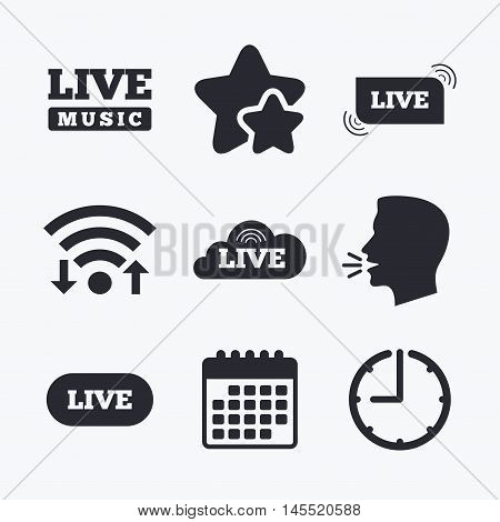 Live music icons. Karaoke or On air stream symbols. Cloud sign. Wifi internet, favorite stars, calendar and clock. Talking head. Vector