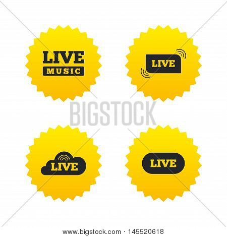 Live music icons. Karaoke or On air stream symbols. Cloud sign. Yellow stars labels with flat icons. Vector