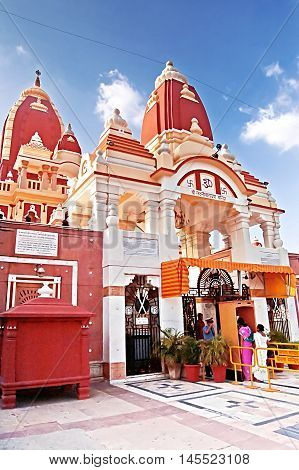 DELHI, INDIA - SEPTEMBER 2,8 2008: Unidentified people near Laxminarayan Temple in Delhi, India. Laxminarayan usually refers to Vishnu Preserver in the Trimurti, also known as Narayan, when it is with his consort Lakshmi