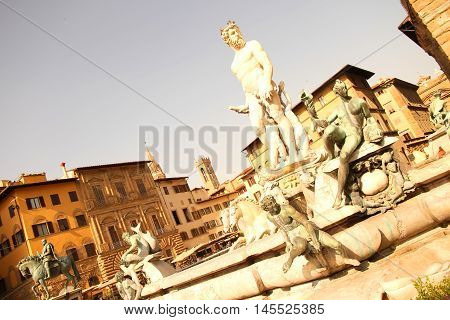 Statue on the Fountain of Neptune on the Piazza della Signoria in Florence Italy Europe.