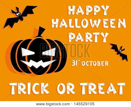 Holiday background. Title Happy Halloween party Trick or Treat and scary pumpkin backdrop on bats. 