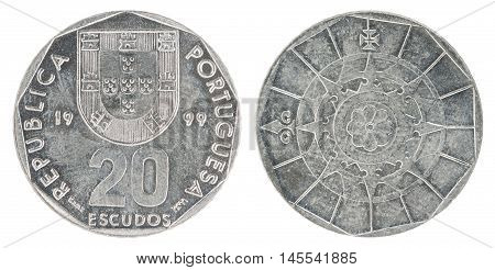 Coin Portuguese 20 Escudo isolated on white background - set