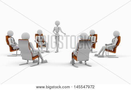 round meeting puppet white business people in armchairs render 3D illustration cutout isolated on white background soft shadow copy space