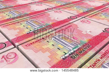 Turkmenistan money bills stacks background. 3D illustration.