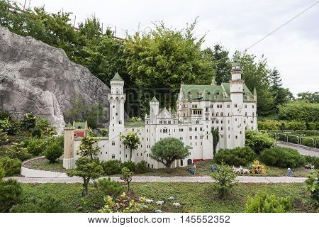 GUNZBURG GERMANY - AUG 18 2016: Neuschwanstein Castle Miniature at the Legoland Deutschland theme park in Gunzburg Germany