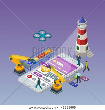Flat 3d isometric white phone. Mobile App Development, Experienced Team. Manipulator robot robotized. Web development and UI design concept. 3d Isometric lighthouse.