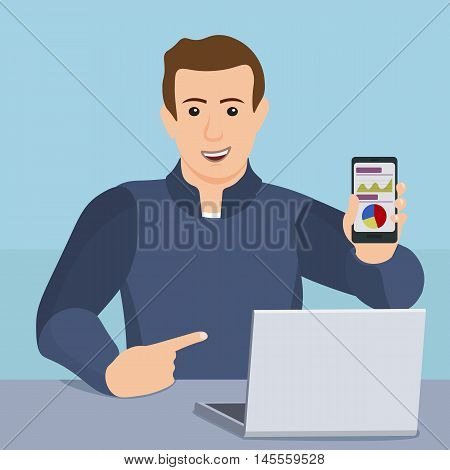 The concept of mobile app. Businessman showing a smartphone screen. Development of mobile applications. Flat vector illustration