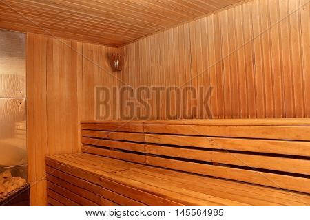 Finnish wooden sauna interior with nobody photo