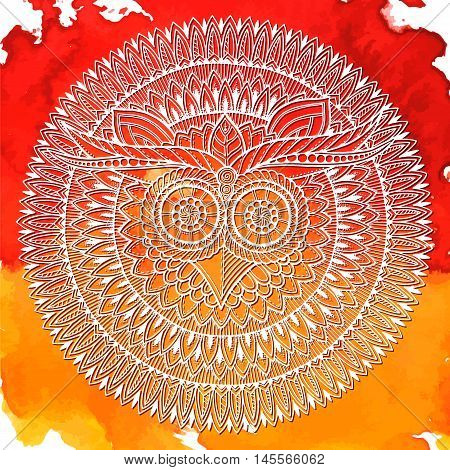 Birds mandala theme. Owl white mandala with abstract ethnic aztec ornament pattern on colorful watercolor background. Owl banner. Owl tattoo. Zentangle inspired. Stylized ethnic Owl.