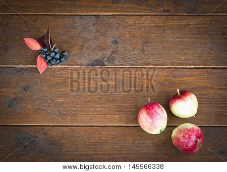 Three apples on the old wooden floor and empty space for text. Concept back to school