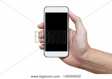 Human hand holding white phone on black screen isolated with clipping path on hand and inside screen.