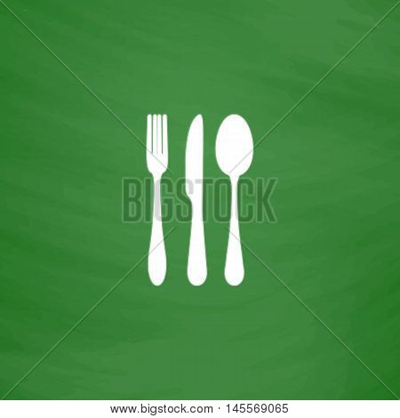 fork spoon knife Simple vector button. Imitation draw icon with white chalk on blackboard. Flat Pictogram and School board background. Illustration symbol