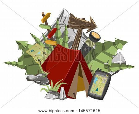 Camping poster in isometric flat style. Hiking composition in isometric elments