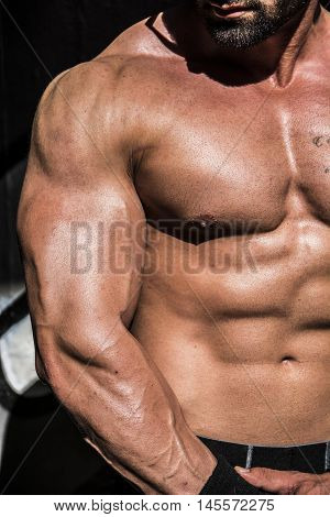 Handsome Muscular Shirtless Hunk Man Outdoor in City Setting. Showing Healthy Body While Looking away