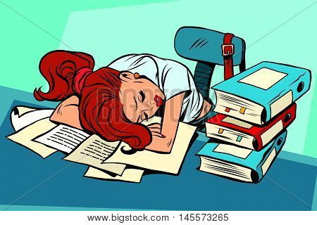 Young woman sleeping at work or school pop art comic book character. Education and College.