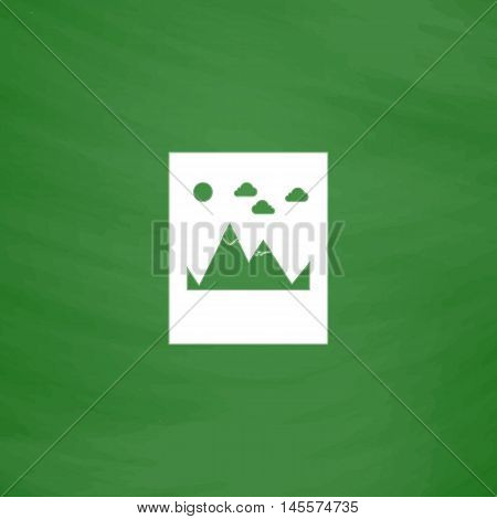 Mountains Simple vector button. Imitation draw icon with white chalk on blackboard. Flat Pictogram and School board background. Illustration symbol