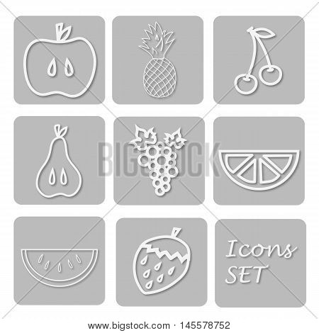 Paper set of fruits icons. Papery stickers with apple, grape, cherry, pear, ananas, orange, watermelon, strawberry Signs for web design