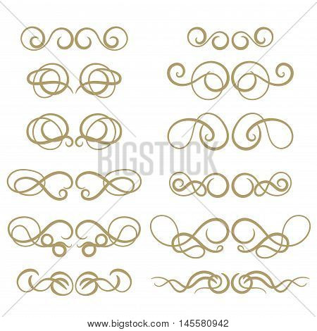 Abstract gold curly design element set isolated on white background. Dividers in retro style. Hand drawn swirls. Vector illustration.