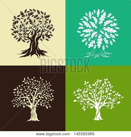 Beautiful oak trees silhouette set isolated on color background. Web graphics modern vector sign.Premium quality illustration logo design concept.