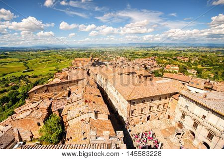 Montepulciano cityscape view on the old buildings on the main central square in Tuscany region in Italy