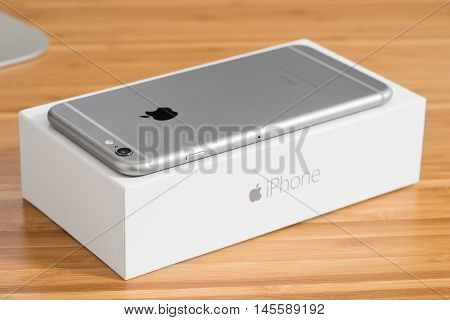 UFA RUSSIA - 3 JULY 2016: iPhone 6 Plus is a smartphone developed by Apple Inc. iPhone 6 Plus is on the box.