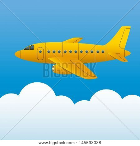 Yellow plane on a background of blue sky and white clouds. Cartoon style. Vector Image.