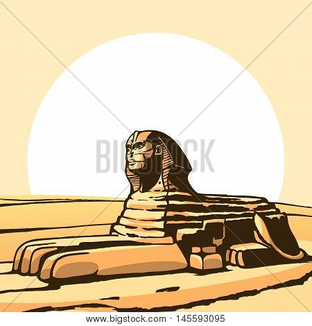 Sphinx and Great Pyramid. Ancient statue. Vector Image.