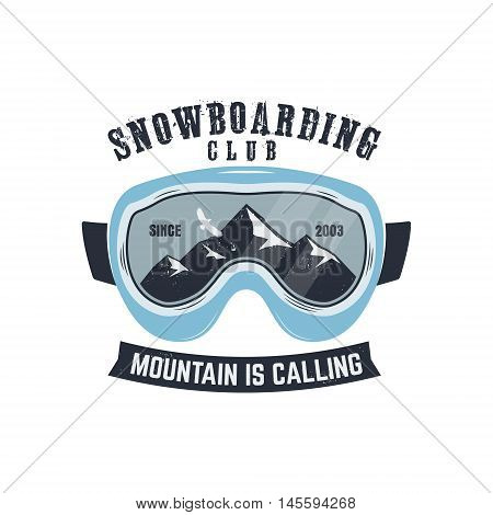 Snowboarding goggles logo and label template. Winter snowboard sport store badge. Extreme emblem and stamp. Mountain Adventure insignia, patch. Vector vintage bright palette. Retro design.