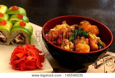 sushi rolls and noodles for a romantic dinner for two