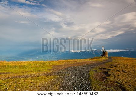 Beautiful view on the Slovenia mountains Gerlitzen Alps Austria.Communications station.